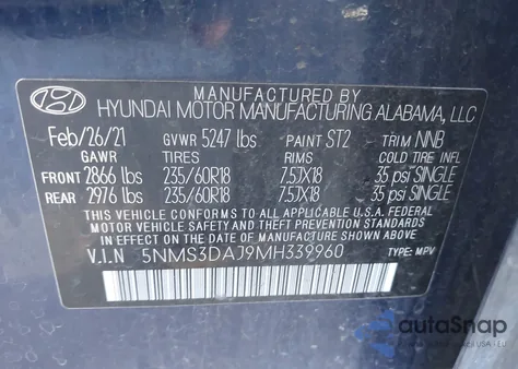 2021 Hyundai Santa Fe Sel из США, поврежденный, VIN 5NMS3DAJ9MH339960